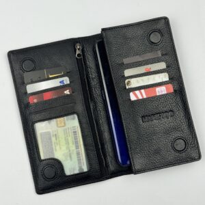 Manifiquo Double Mobile Pocket Black Leather Long Wallet