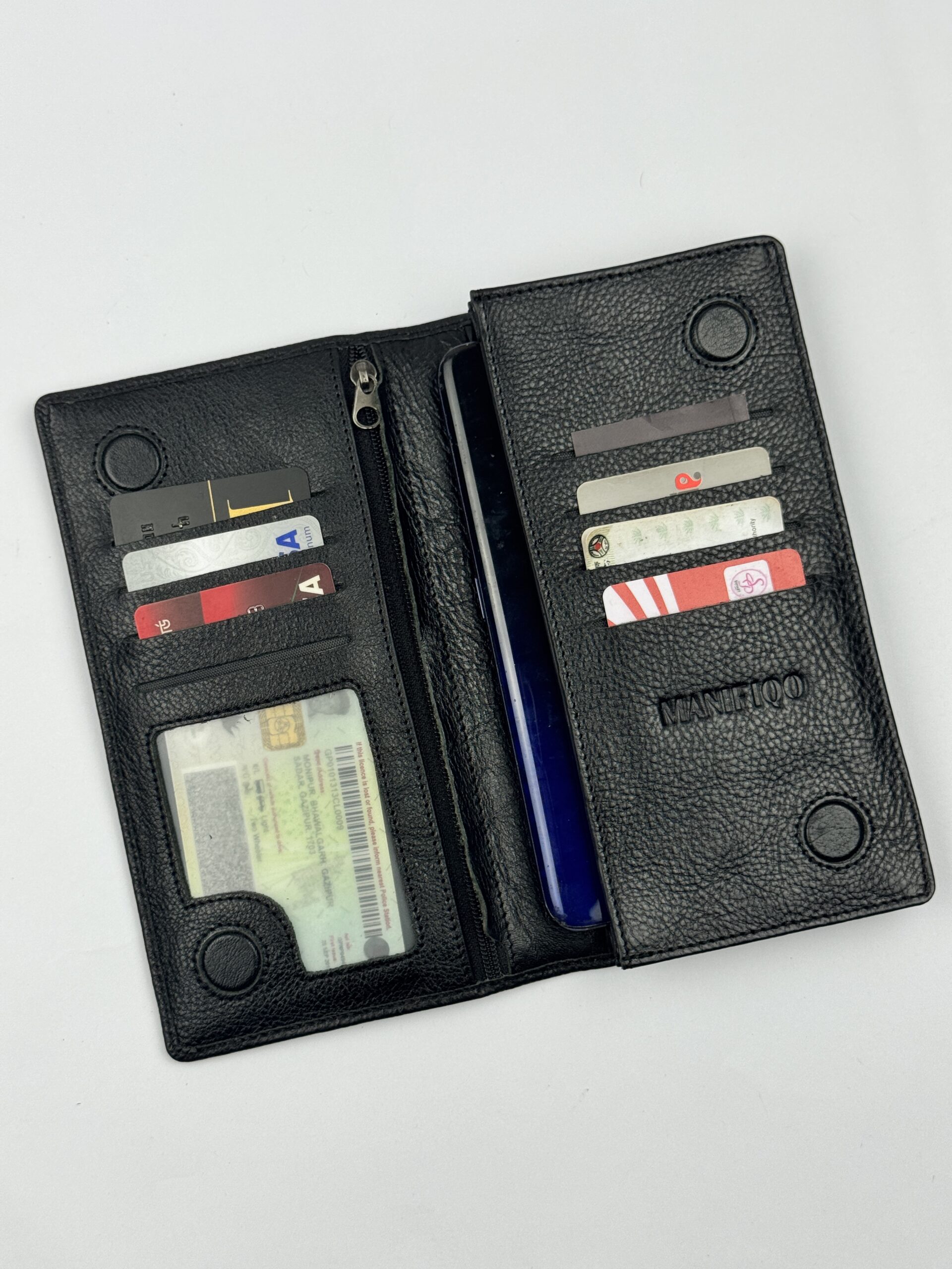Manifiquo Double Mobile Pocket Black Leather Long Wallet