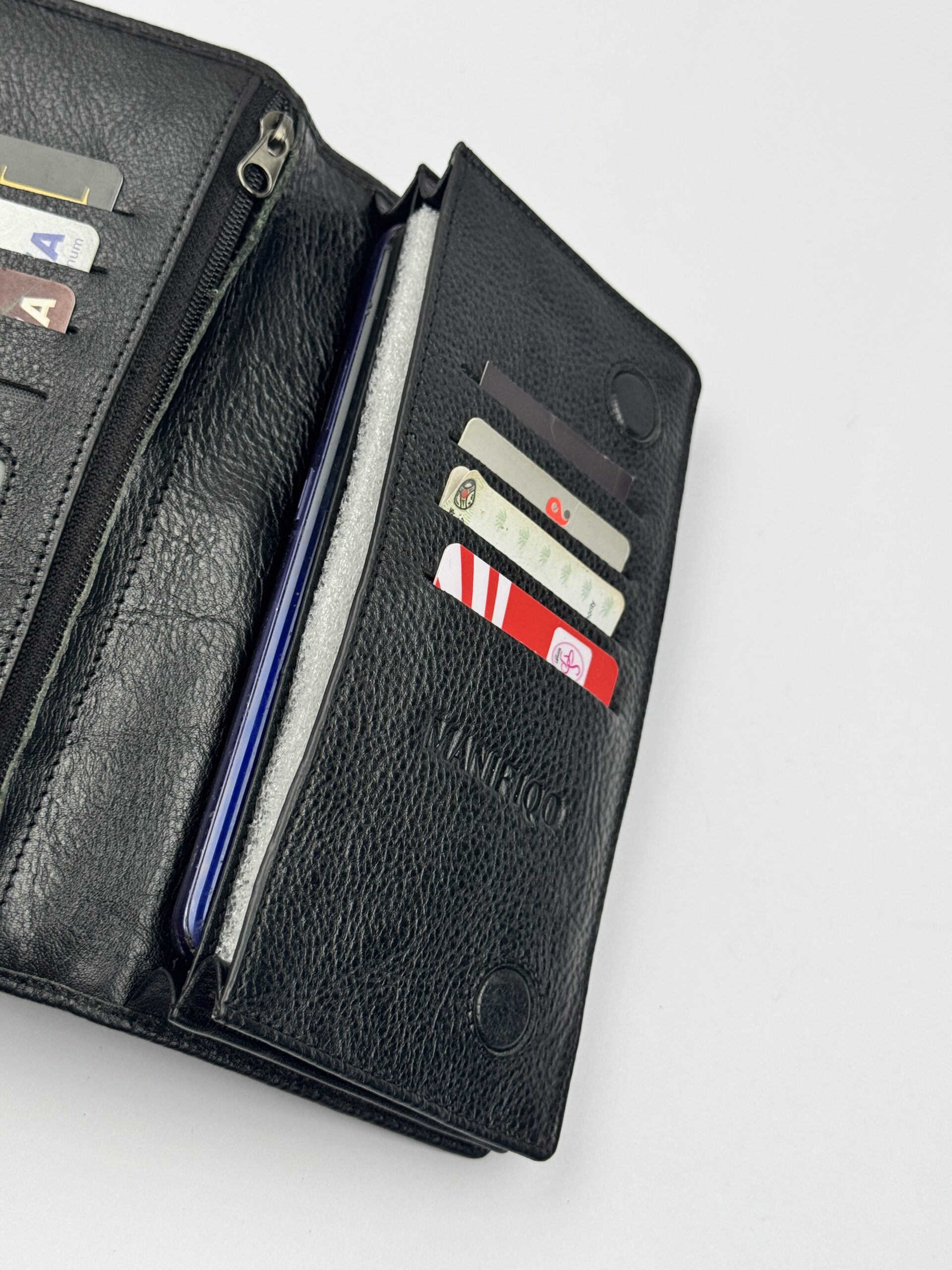 Manifiquo Double Mobile Pocket Black Leather Long Wallet - Image 3